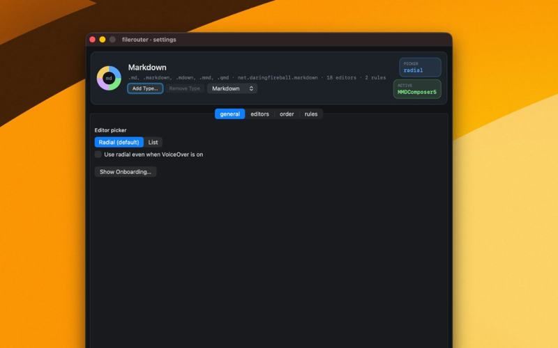 FileRouter Settings general tab for Markdown with the radial picker selected