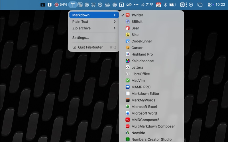 FileRouter menu bar showing Markdown with an editor submenu
