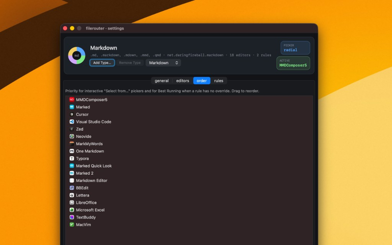 FileRouter Settings order tab listing Markdown editors in priority order