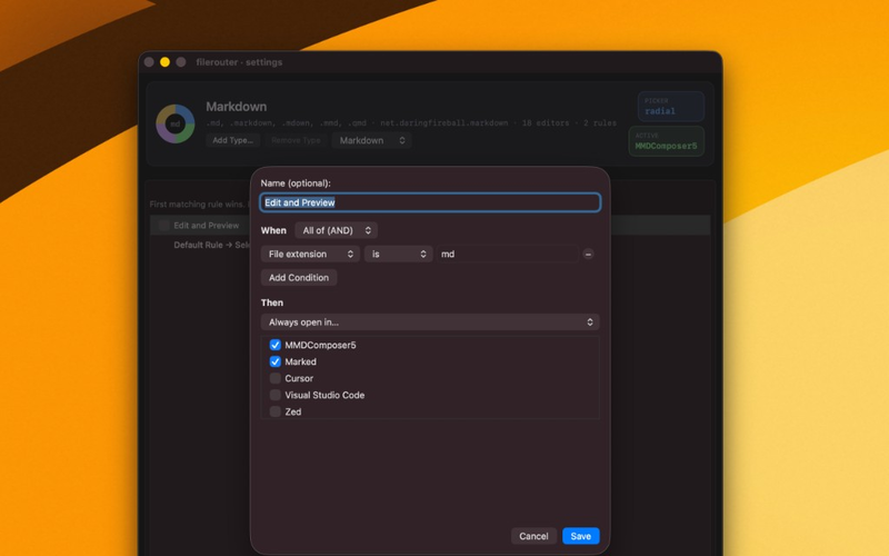 FileRouter Settings rule editor always opening Markdown in MMDComposer5 and Marked